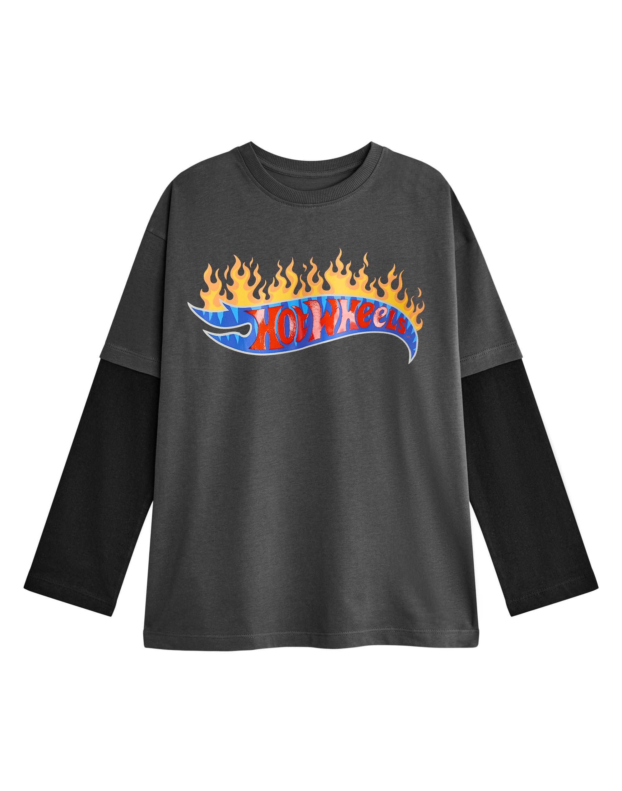 Hot Wheels Grijs T-shirt met lange mouwen voor jongens, maat 7-8 jaar, slim fit, officieel gelicentieerd, Grijs/Zwart, 5-6 jaar