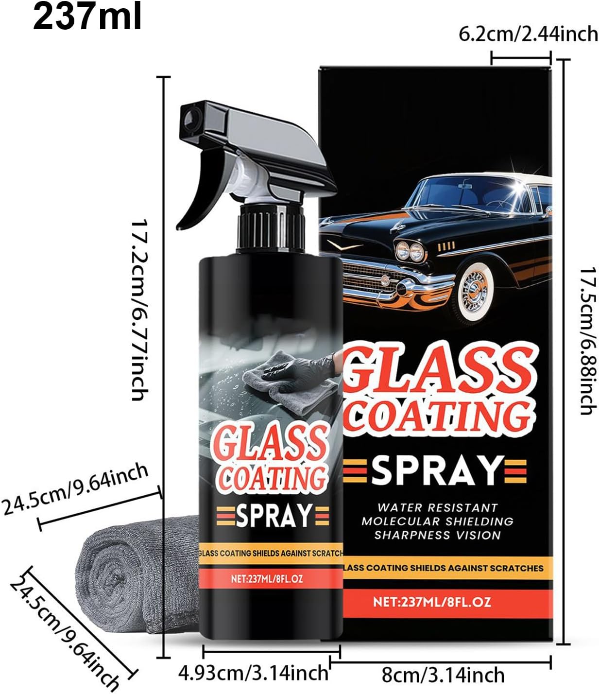 Car Glass Cleaner, 237ml Glass Coating Spray for Anti-Rain Protection, Agent with Towel for Morning Winter Night Driving Daily Commute Highway Garage Truck Visibility Safety