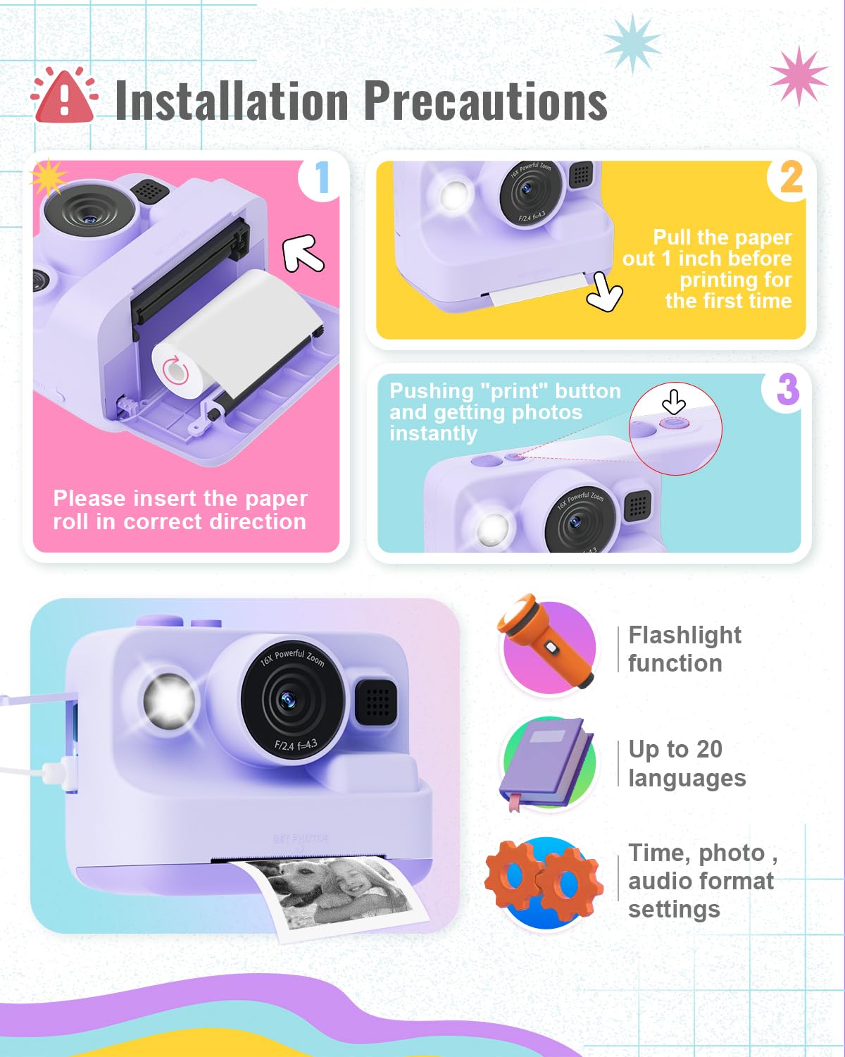 Appareil Photo Enfant Appareil Photo Instantané Pour Enfants 3-14 Ans - Impression Photos + Carte SD 32Go + 6 Stylos