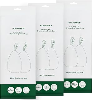 SONGMICS Worki na śmieci ze sznurkiem, wytrzymałe, worki na śmieci do koszy na śmieci 50 litrów, już rozdzielone, kod 050A01, 3 rolki, łącznie 120 sztuk, biały KRB050A03