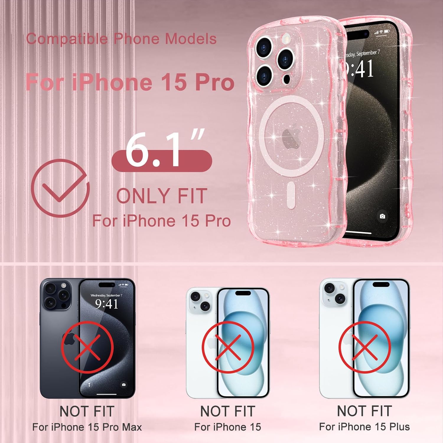 Magnetic for iPhone 15 Pro Case Clear, Sparkly Bling Glitter Cute Curly Wave Transparent Cover for Women Men Compatible with MagSafe Shockproof Protective Phone Case for iPhone 15 Pro, Pink - Image 2