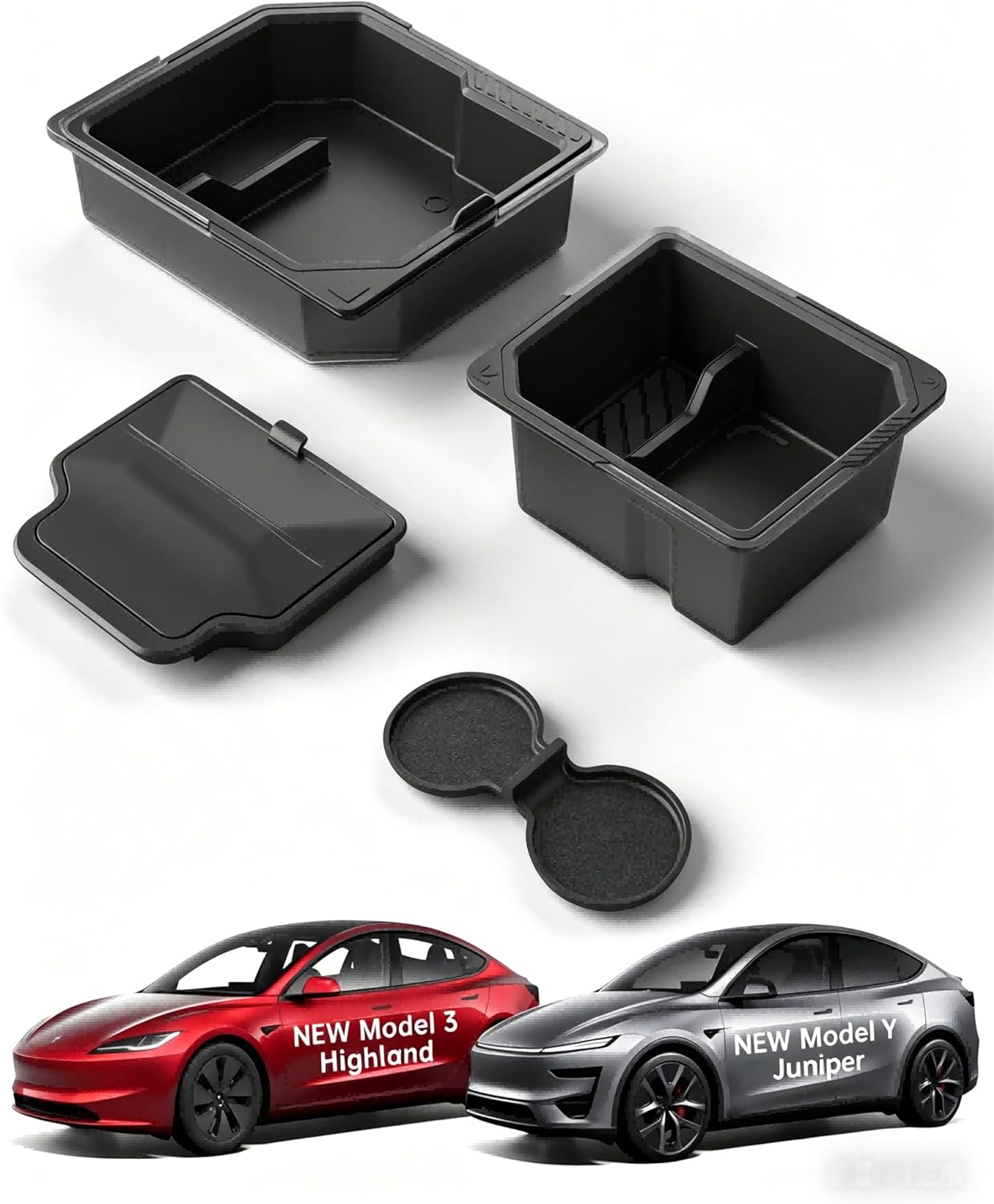 Tesla Model Y Center Console Organizer Tray - 4Pcs Double Layer Space Console Storage Accessories for Tesla Model 3 Juniper 2026-2025 Highland, Hidden Storage Box Cup Holder & Armrest Drawer Organizer