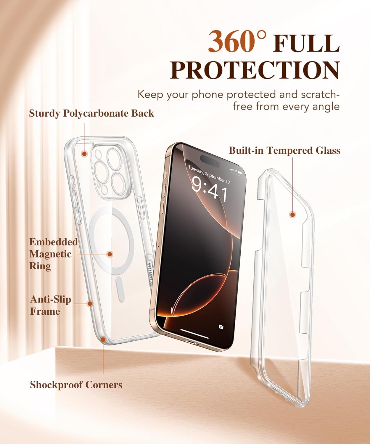 BERFY for iPhone 16 Pro Case, Compatible with MagSafe, Built-in 9H Tempered Screen Protector and Camera Protection, Full Body Shockproof Plating Phone Case for 16 Pro 6.3", Clear - Image 4