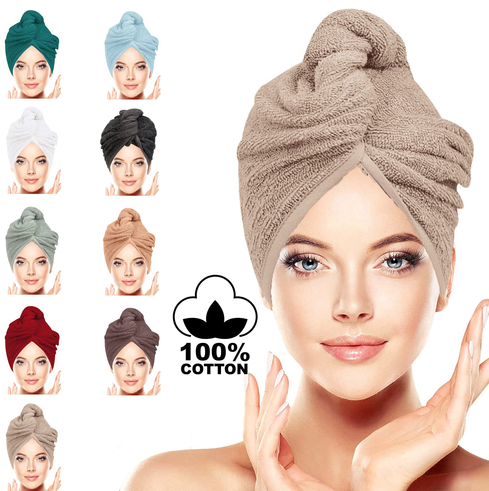 LUXURY Hair Towel Wrap 100% Cotton, Instant Drying Lightweight Turban Cap Super Quick Absorbent Anti-Frizz Twist Toweling Dry Hat with Button Loop for Long Curly Hairs, 62CM x 23CM Beige Single