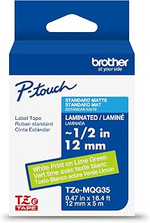 Brother Genuine P-Touch TZe White Print on Lime Green Label Tape (TZeMQG35), Laminated,1/2in x 16.4ft (12mm x 5m), for Select P-Touch Label Makers, Durable, Water-Resistant, Indoor/Outdoor Use
