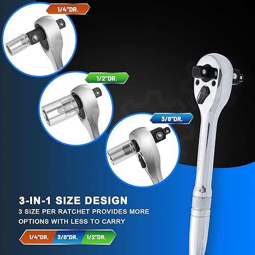 Miniatura 3 de Mango de trinquete 3 en 1,1/4", 3/8", llave de trinquete de 1/2", interruptor reversible de 72 dientes,Chapado en cromo pulido completo,Acero al