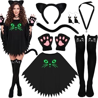 Skicuff 7 Pcs Black Cat Halloween Costumes for Women, Glow in The Dark | Glowing Poncho, Ear Headband, Paw Gloves, Choker, Socks and Earrings, Adult Cat Costume Accessories for Cosplay Party
