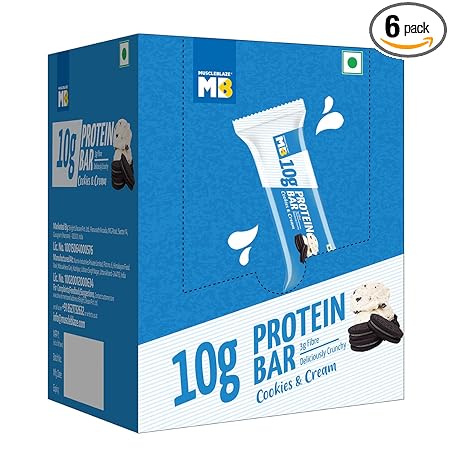 MuscleBlaze 10 g Protein Bar, Cookies & Cream, Protein Blend, Fibre, 100% Veg, Gluten-Free, Healthy Protein Snacks, For Energy & Fitness (Pack of 6)