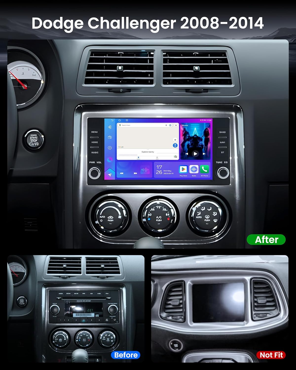 Before and After Installation of Fortdows Navi4G64 Car Radio Stereo in Dodge Challenger