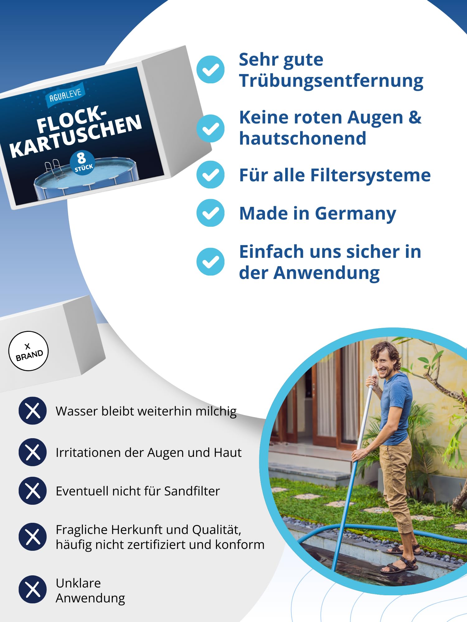 AGUALEVE® Flockmittel Pool Kartuschen 8 x 125g | flockt Verunreinigungen für klares Wasser| für Sandfilter, Filterbälle, Glasfilter UVM. | für Pools, Aufstellpools, Whirlpools | Made in Germany