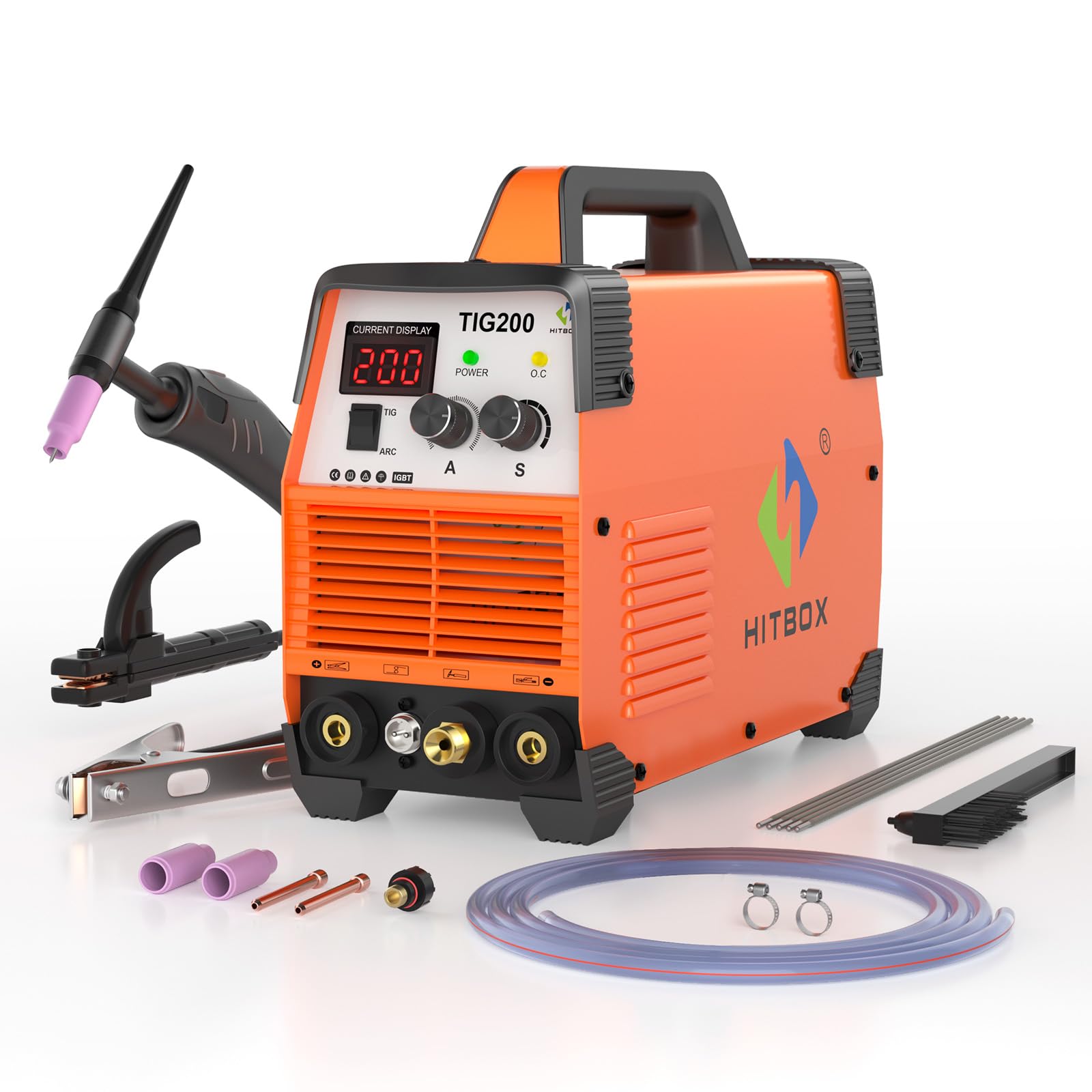 HITBOX TIG Welder 200A, 240V HF TIG/MMA 2-in-1 Welding Machine, Digital Display, 80% Duty Cycle, Welds Carbon Steel, Iron, Stainless Steel, with TIG Torch & MMA Kit (TIG200)