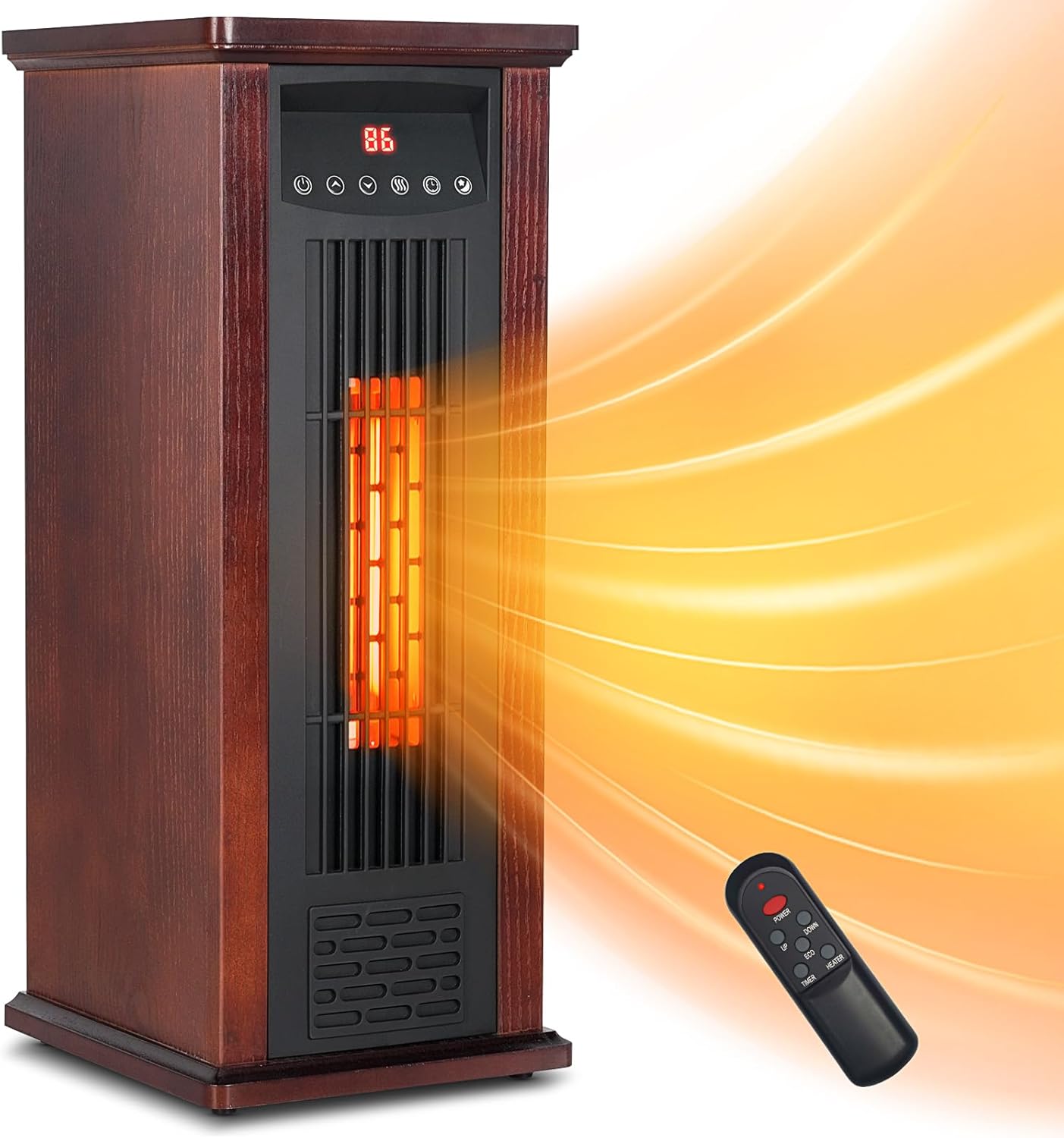 Lifeplus 1500W Electric Infrared Space Heater, Quartz Heater for Indoor Use, Tip-Over & Overheat Protection with Remote Control, 3 Heat Settings, 12H Timer, Tower Heater for Large Room Basement Dark Walnut