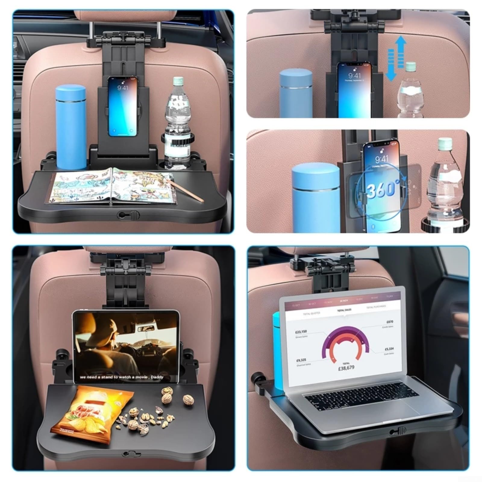 Plateaux de jeu de voiture, chaise multifonction noire, table pliante pour siège auto, support de téléphone, plateau de rangement pour siège arrière de voiture, plateau pliable pour ordinateur