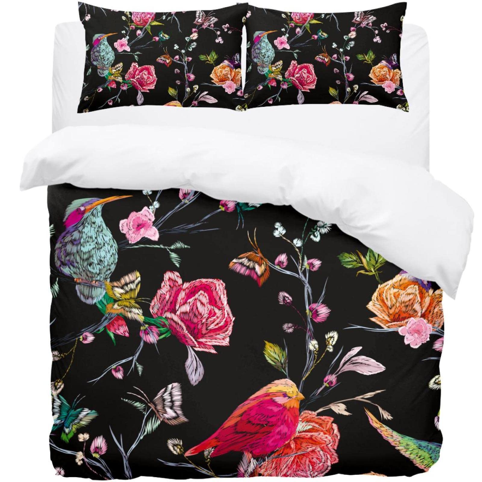 Housse de couette et 2 taies d'oreiller floral papillon pour lit King size