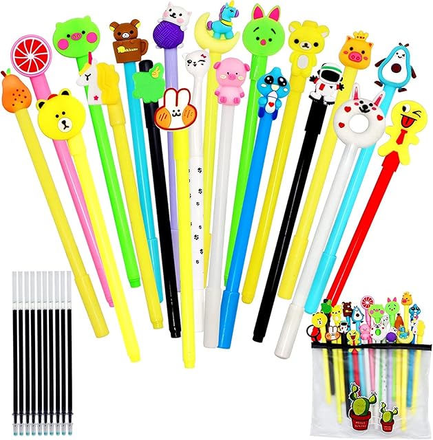 Uooker Cute Cartoon Gel Pens for Children, 20 Pcs Novelty Black Handwriting Pens with 10 Pcs Replacement Refills, Kawaii School Stationery Gift Office Supplies for Girls Boys, Party Bag Fillers