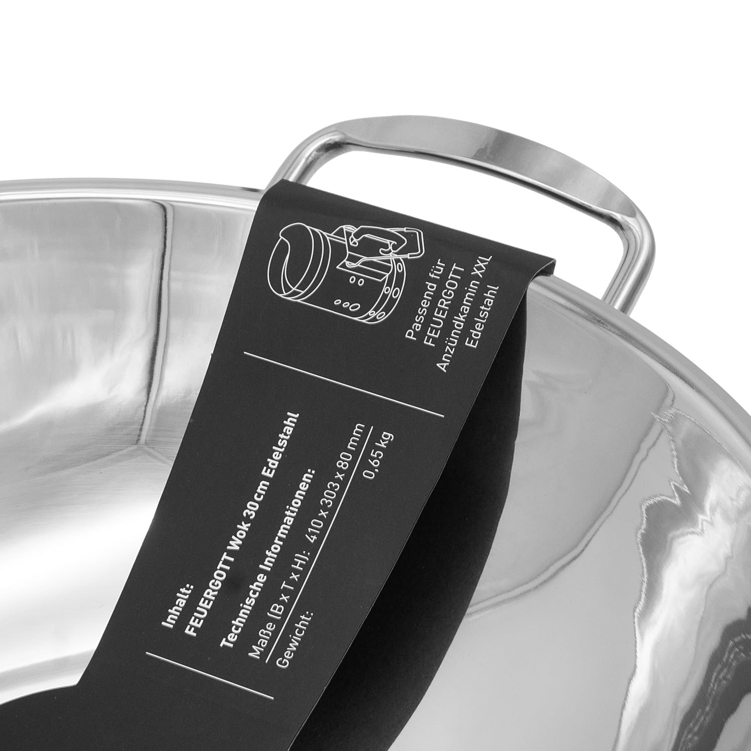 Wok Pfanne Edelstahl Ø 30 cm mit abklappbaren Griffen, runder Boden, spülmaschinengeeignet, für Gasgrill, Gasherd, Induktion