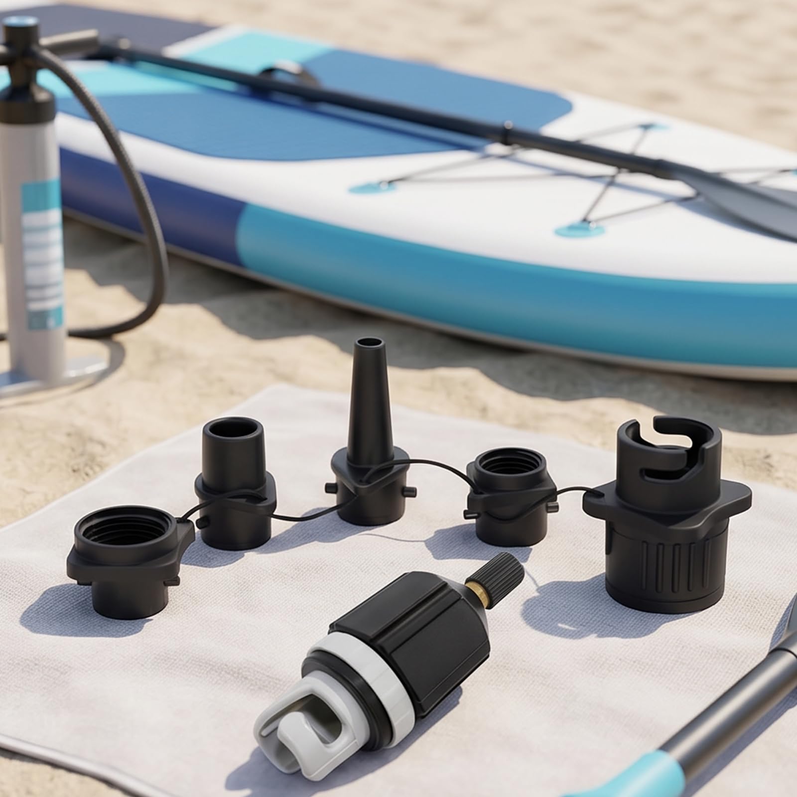 Pompa ad Aria per Gommone 4 in 1 con 4 Ugelli per Valvola dell | Set adattatori valvola aria H01 4 in 1, 77 mm, nylon