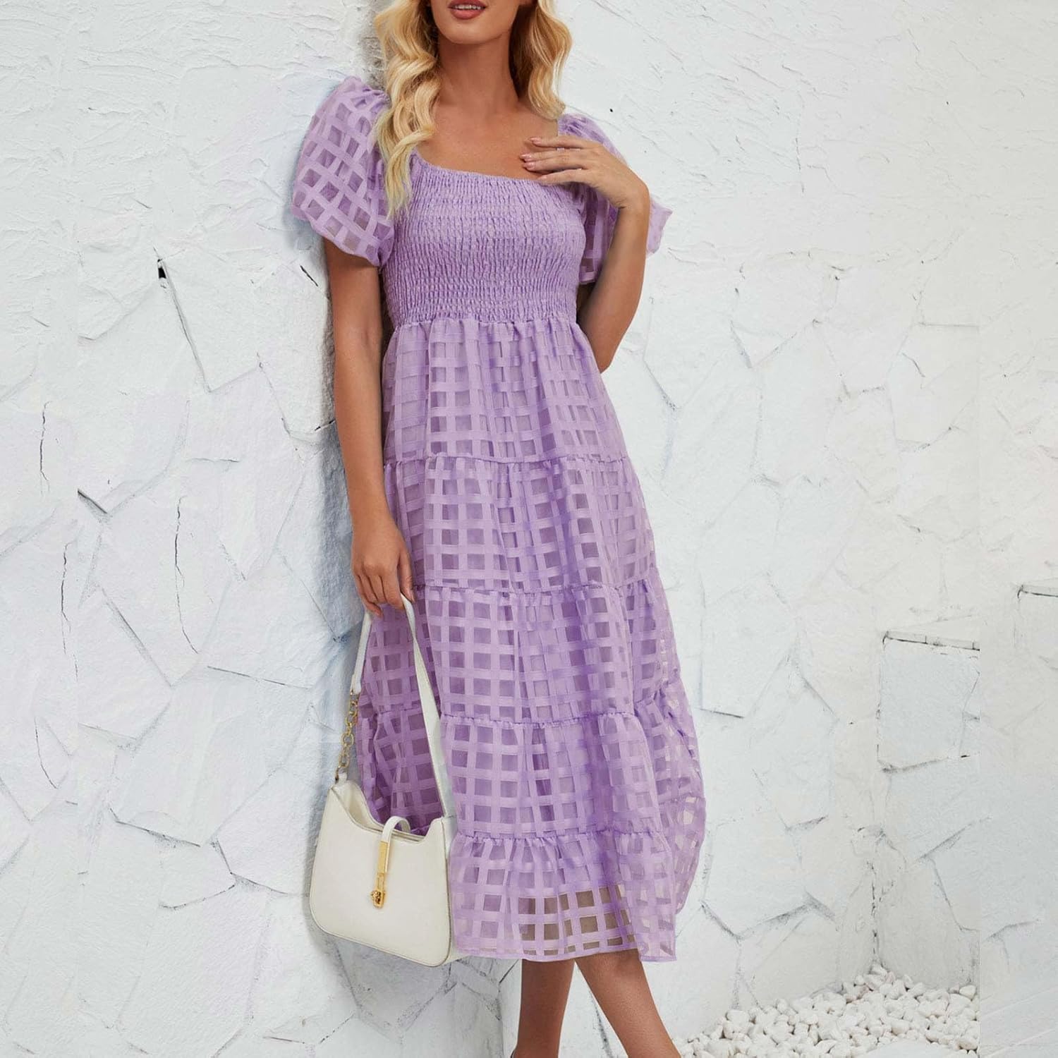 Women's Boho Sundress Flowy Short Sleeve Square Neck Midi Dress Smocked 2024 Spring Summer Wedding Guest Dresses