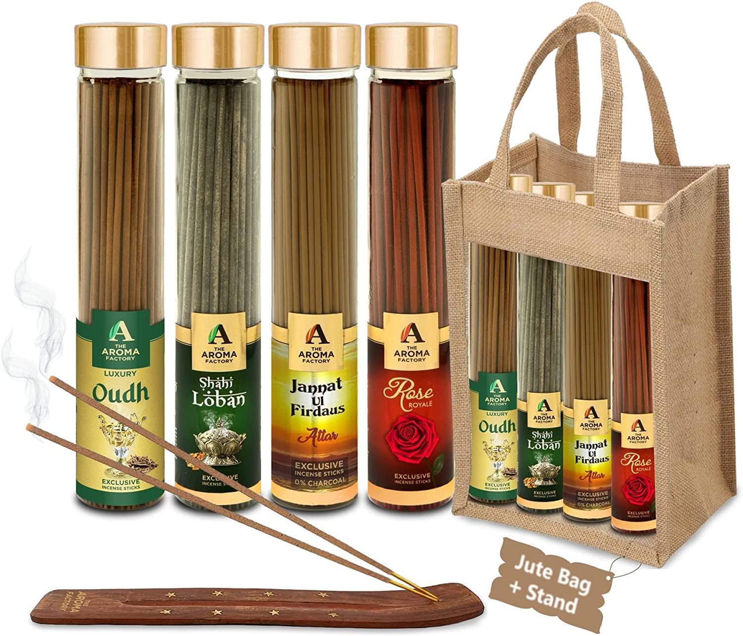 The Aroma Factory Oudh,Loban,Attar Jannat & Rose Agarbatti for Pooja,Luxury Incense Sticks,100% Herbal Fragrance Agarbathi (Bottle Pack of 4 x100g) Jute Gift Set with Wooden Holder