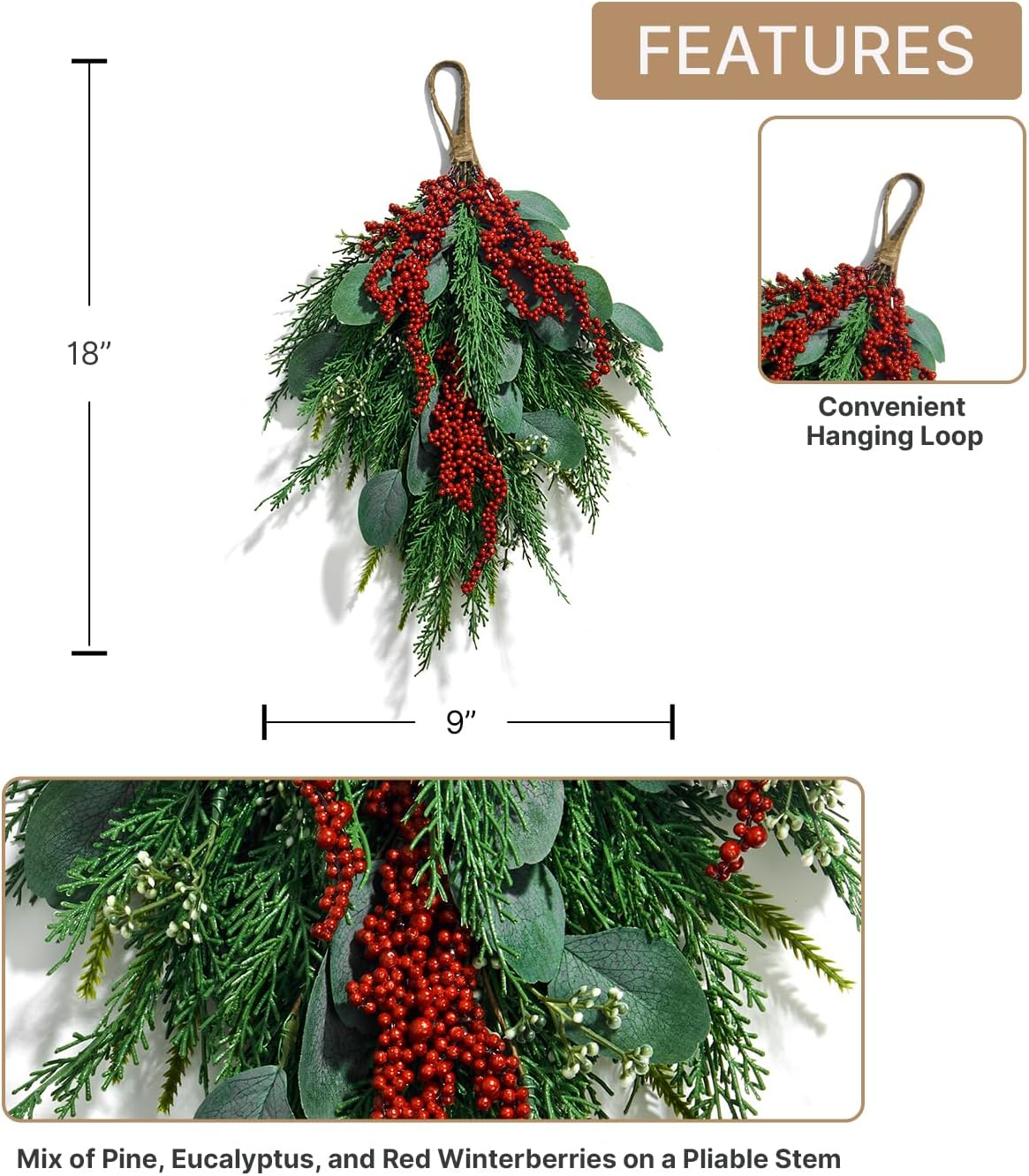LampLust Swag for Front Door, 18 Inch Greenery with Eucalyptus and Red Berry, Teardrop Swag for Decorating, Indoor Hanging Decor for Entryways, Door or Stairways, Spring Decor, Table Centerpiece