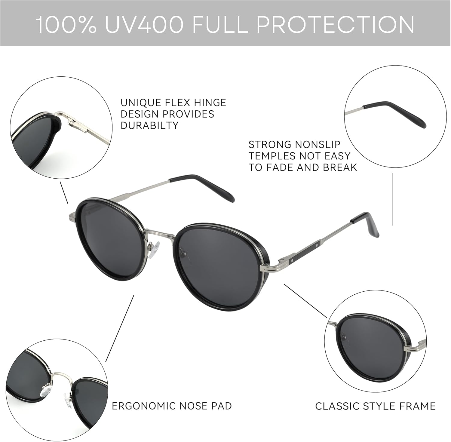 ZENOTTIC Retro Round Polarized Steampunk Sunglasses for Men Women-Circle Vintage Design Metal Frame UV400 Shades C03 Silver Frame Grey Lens 51 Millimeters image 5 of 6 B0D4LRBLHB