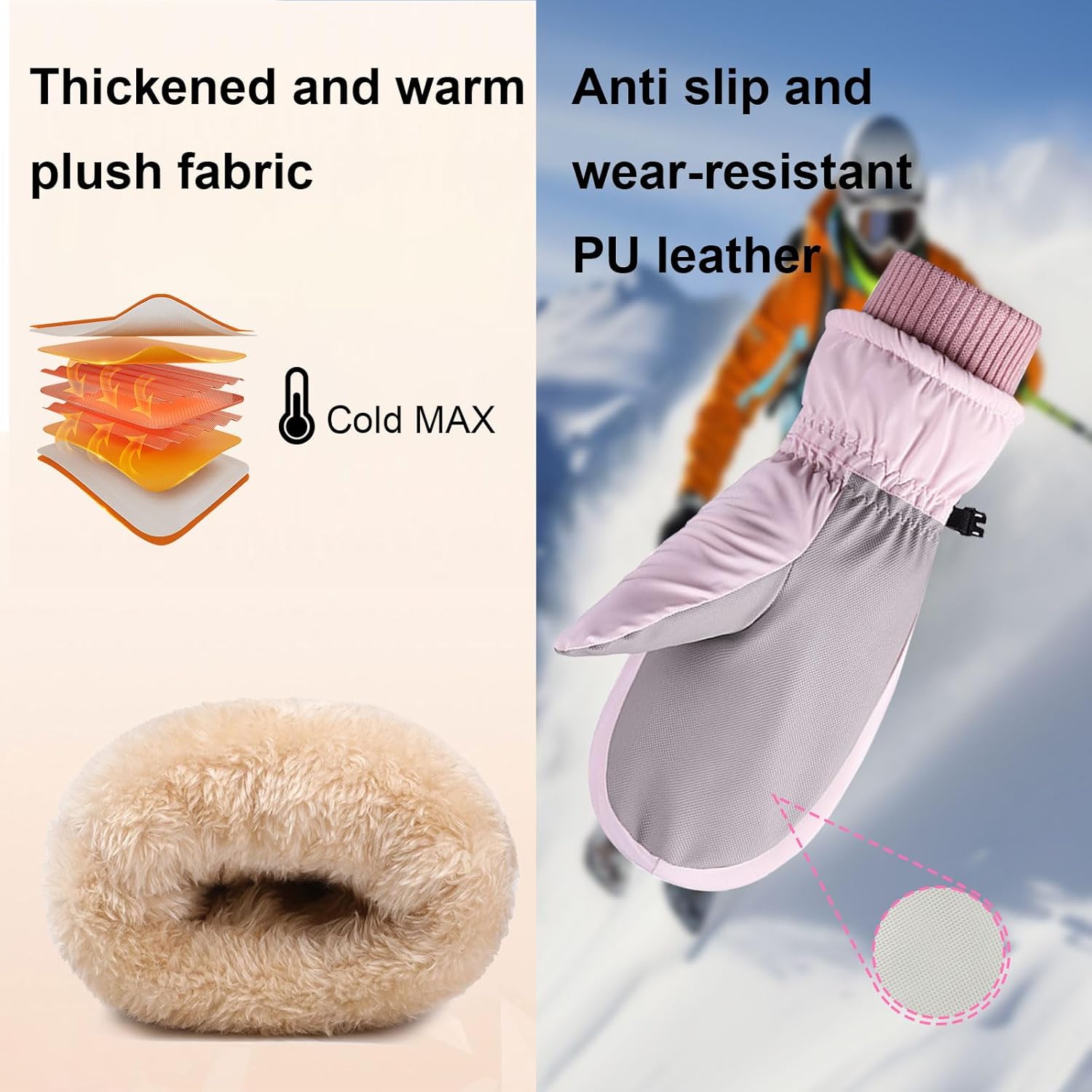 Winter Ski Mittens for Women, Waterproof Thermal Ski Gloves Anti-Slip Touchscreen Snow Mittens for Cold Weather - Image 3