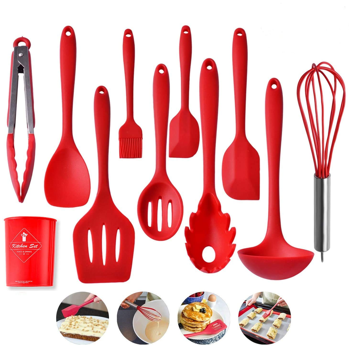 Alfaview Silicone Kitchen Utensil Set, 11 Pieces Cooking Utensil Set,Heat-Resistant Non-Stick Kitchen Utensils Cooking Tools,Whisk, Spoon,Spatula,Ladle,Slotted turner,Tongs,Pasta Fork (Red)