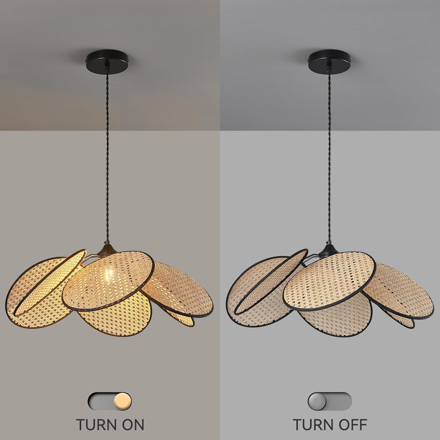 Boho Chandelier, Hemp Rope Pendant Light Hand-Woven Rattan Hanging Lamp Wicker Pendant Lighting Fixture for Dining Living Room Island Kitchen Bedroom