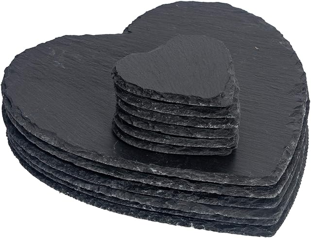 Argon Tableware Set of Heart Shaped Natural Slate Placemats and Coasters - 6 Coasters & 6 Placemats - Rustic Natural Dining Table Drinks Mats