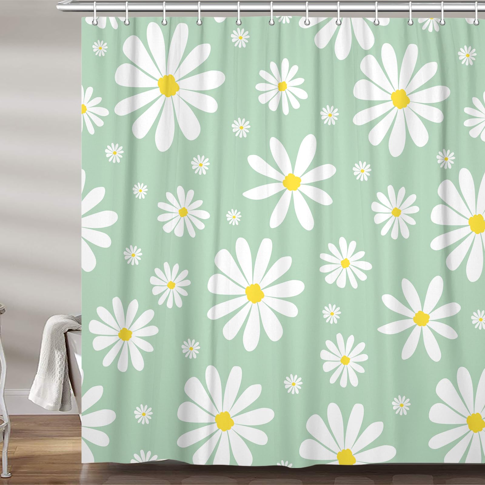 Green Daisy Floral Shower Curtain, Cute Boho White and Green Groovy Retro Flower Fabric Shower Curtains Set for Girls Bathroom Decorative, Aesthetic