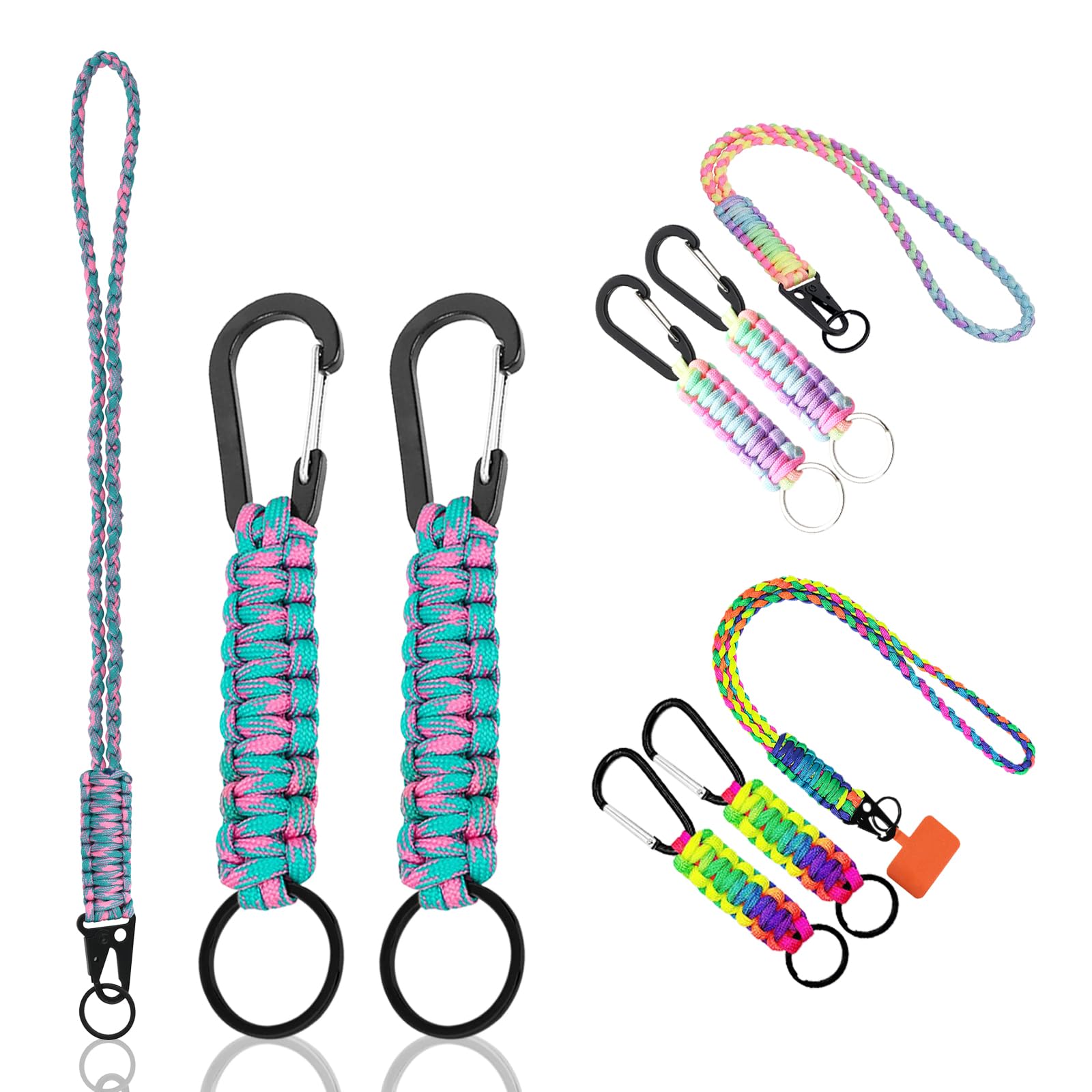lanyard llaves, cordon llaves cuello, llavero de paracord trenzado de 3 piezas con mosquetón para tarjetas de identificación, cuelga llaves cuello colorido para exteriores, camping, viajes