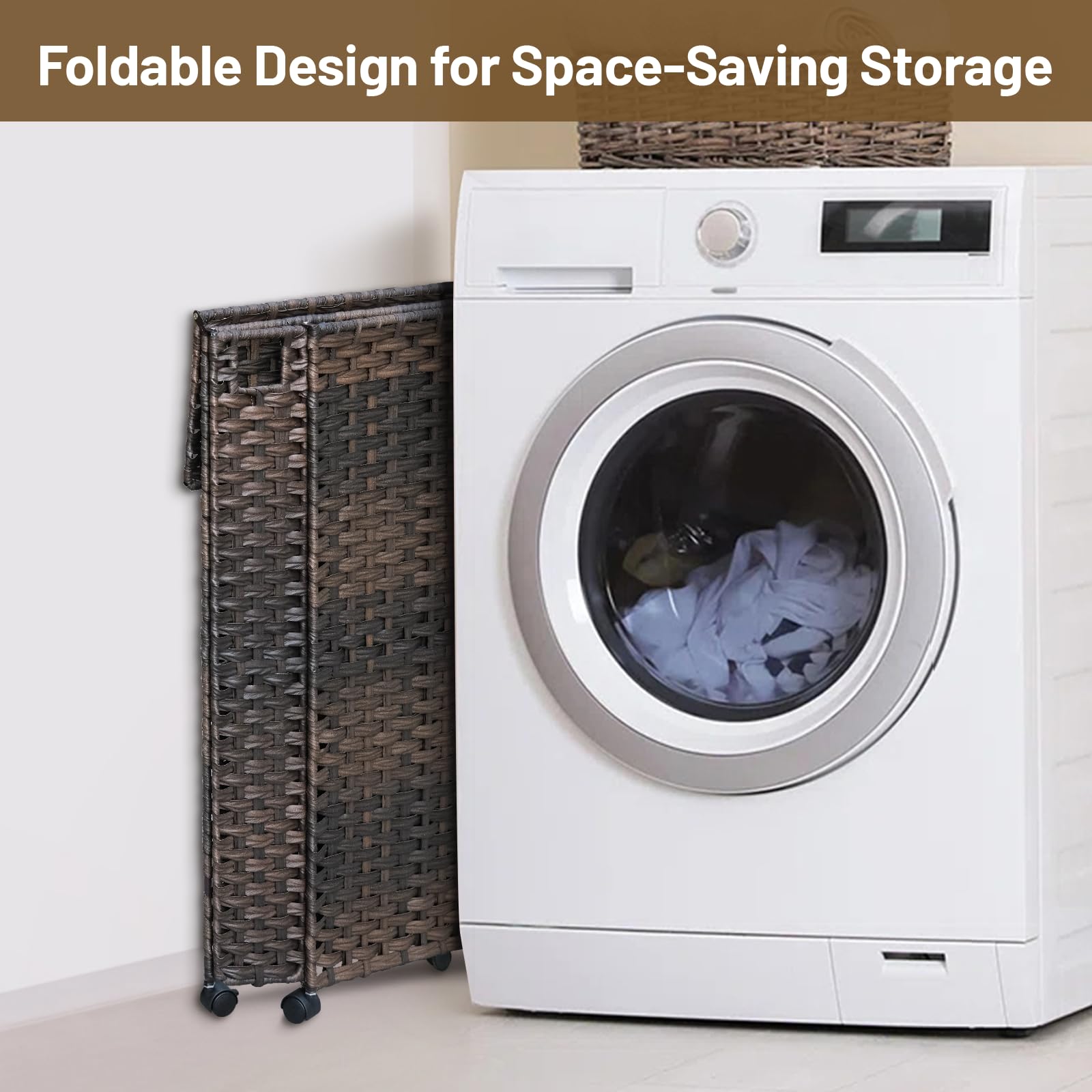 70L Slim Laundry Hamper with Lid & Wheels, 2-teiliger Rollwäschekorb mit 4 herausnehmbaren Auskleidungsbeuteln & 3 Netztaschen, schmaler schmutziger Wäschekorb, faltbarer handgewebter