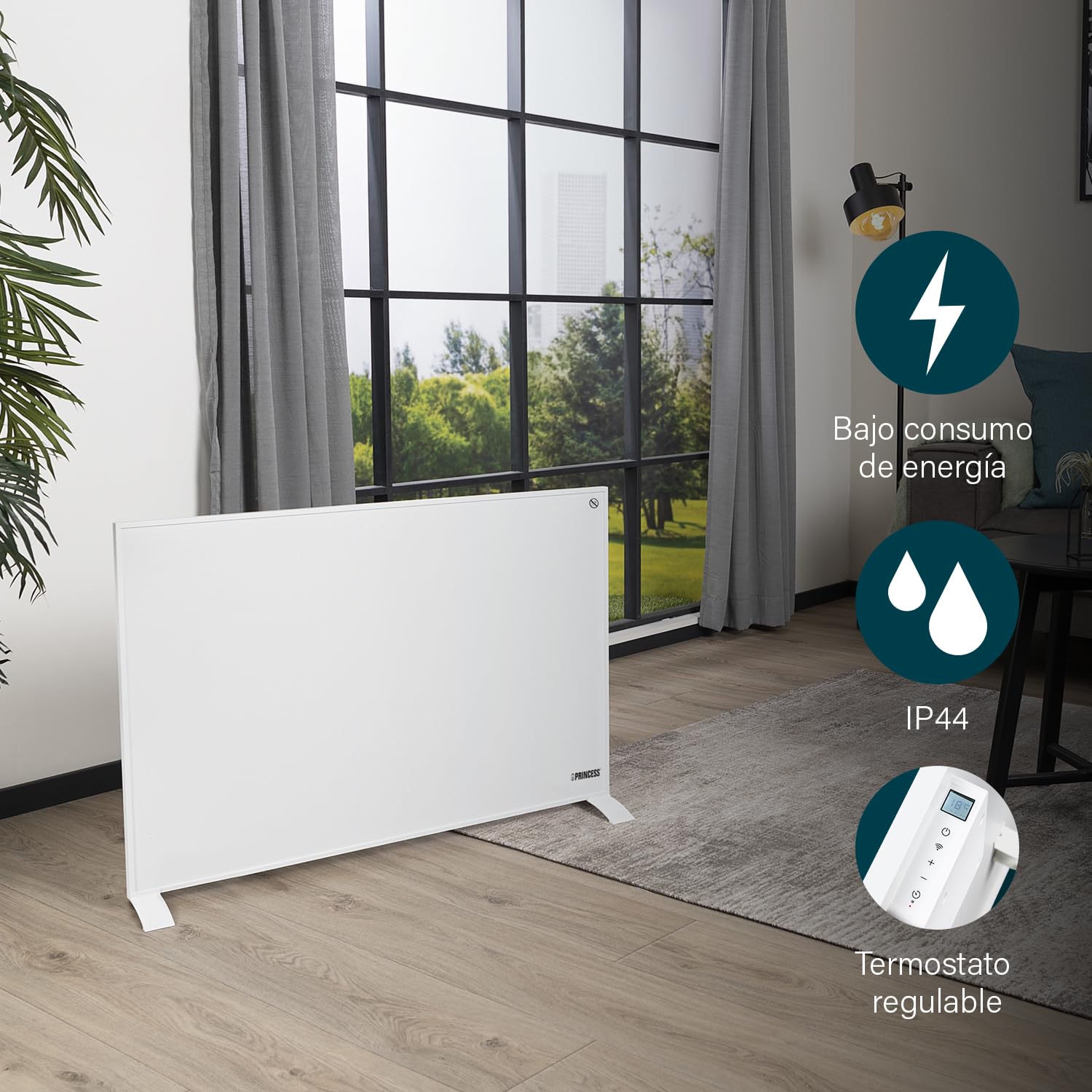 Princess 348054 Panel Calefactor por infrarrojos Smart, App gratuita, Programable con termostato integrado, Placa de cristal de carbono, 540 W