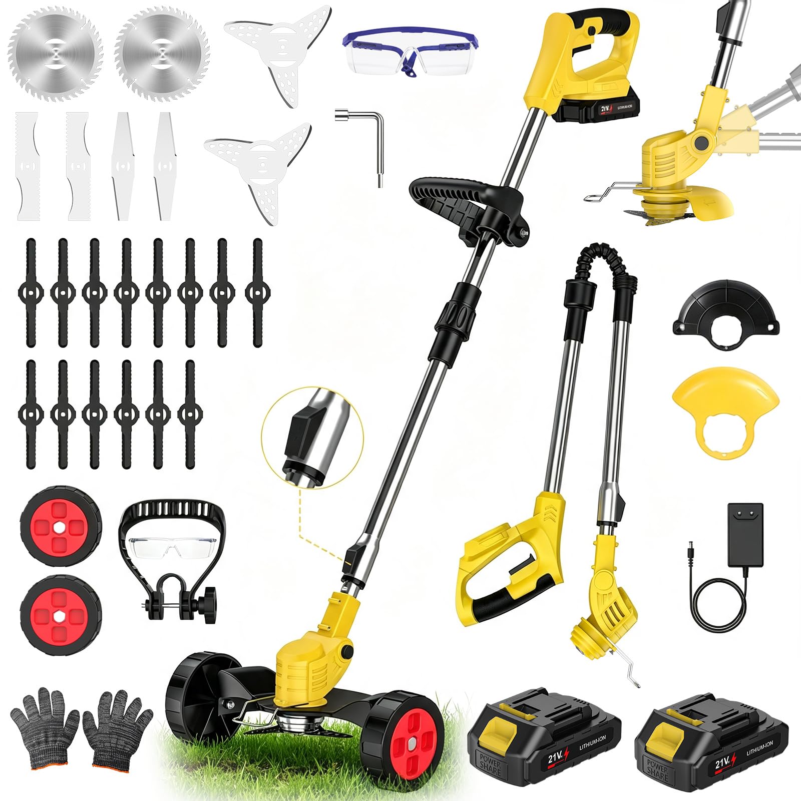 Decespugliatore elettrico senza fili 21 V con asta telescopica regolabile (2 batterie, giallo)