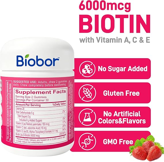 Biobor Hair Skin & Nails Gummies, 6000 mcg Biotin for Beauty Support, 60 Ct | Daily Beauty Gummies for Adult with Biotin and Vitamins A, C & E. Strawberry Flavor. No Sugar Added, Gluten free, Non-GMO.