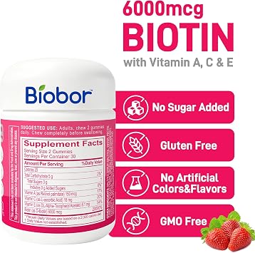 Biobor Hair Skin & Nails Gummies, 6000 mcg Biotin for Beauty Support, 60 Ct | Daily Beauty Gummies for Adult with Biotin and Vitamins A, C & E. Strawberry Flavor. No Sugar Added, Gluten free, Non-GMO.