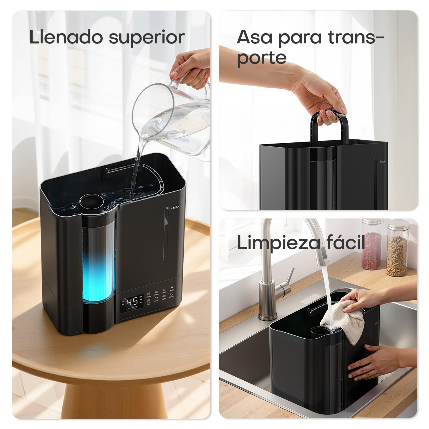 AROEVE Humidificador de Aire 8L, Ultrasónico Frío y Caliente, Sensor Humedad, 60H Silencioso