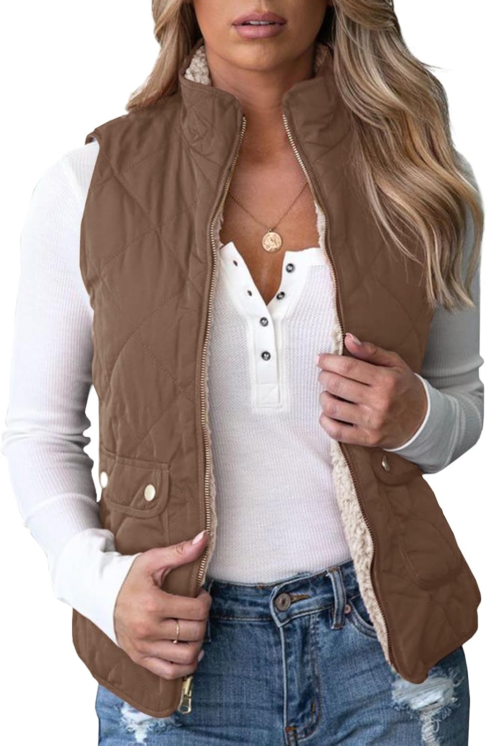 Valphsio Womens Reversible Quilted Sherpa Fleece Vest Lightweight Sports Vest Coat