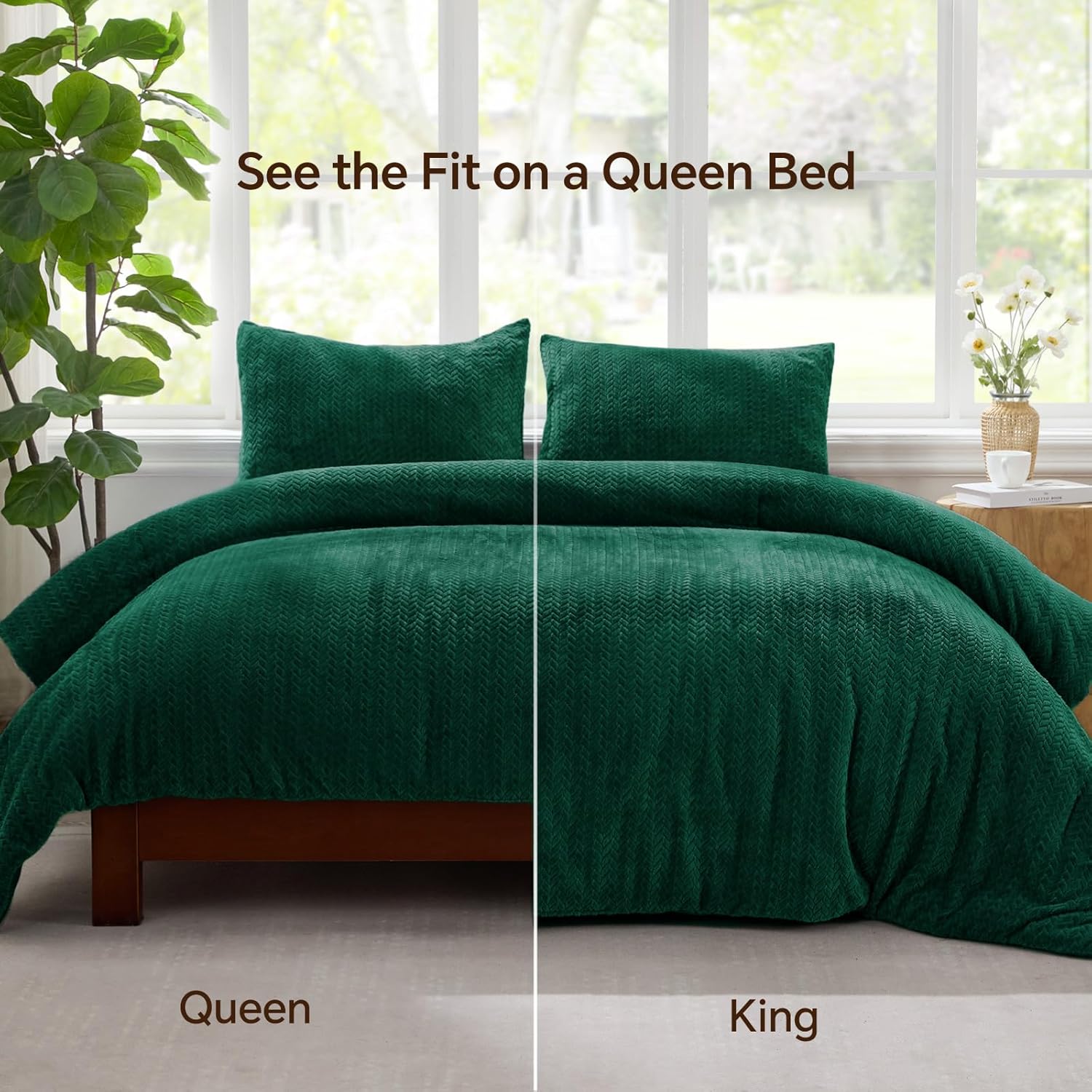 Flannel Fleece Queen Comforter Set - Furry Green Leaves Pattern Faux Fur Bed Set, Winter Ultra Soft Fuzzy Comfort Set, Velvet Bedding Set for Bed with 2 Pillow Cases - Image 5