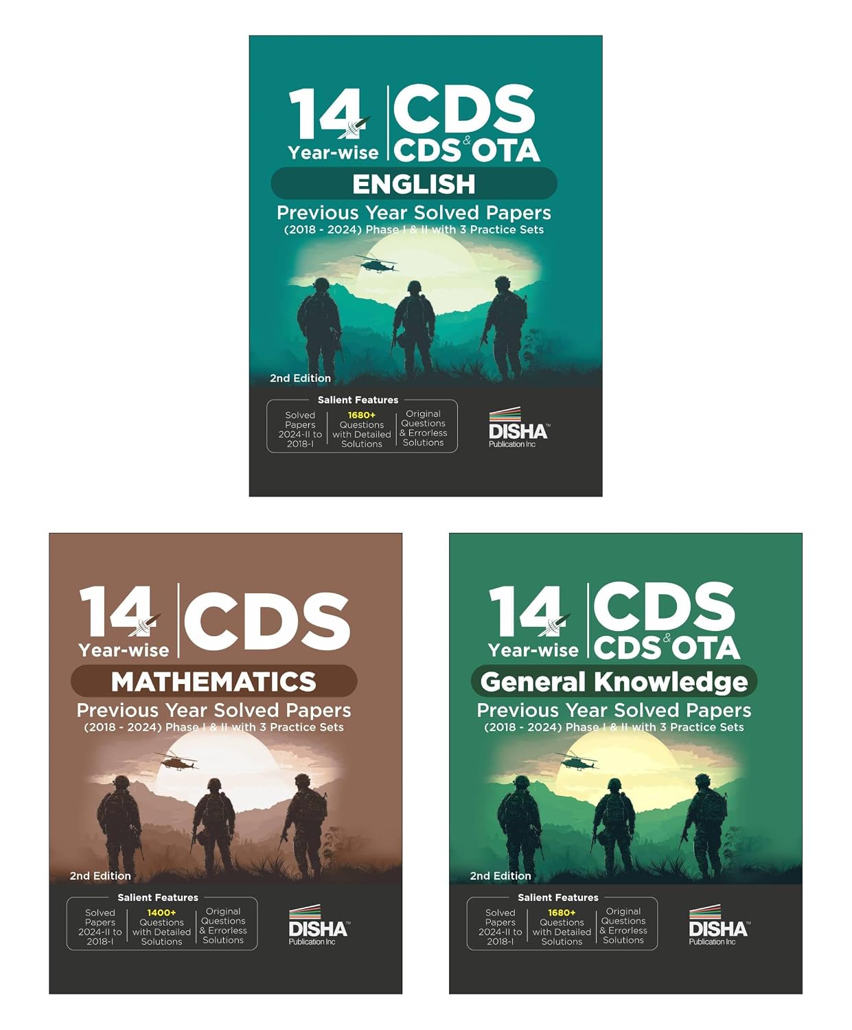 Disha Combo (set of 3 Books) 14 Year-wise CDS Mathematics, English & General Knowledge Previous Year Solved Papers (2018 – 2024) Phase I & II 2nd Edition | Combined Defence Services PYQs [Paperback] Disha Experts