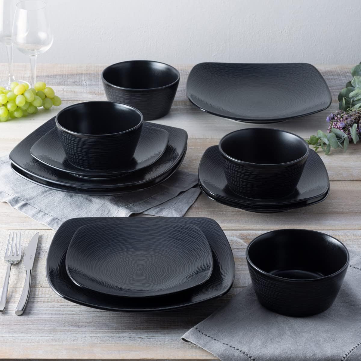 Noritake Colorscapes Black-on-Black Swirl 12-Piece Square Dinnerware Set, Service for 4