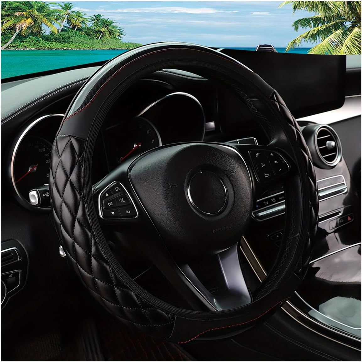 14.5-15 Inch Leather Steering Wheel Cover, Black | breathable contact surface, elastic slip-on fit, anti-slip inner layer, fits matching diameters, car interior accessories