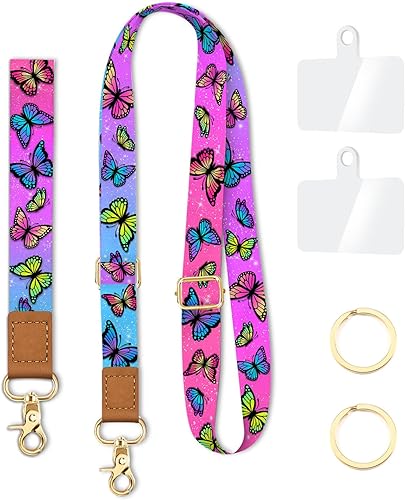 Cordón cruzado para teléfono celular con correa para la muñeca, diseño de bonita mariposa, para colgar alrededor del cuello, correa ajustable, para