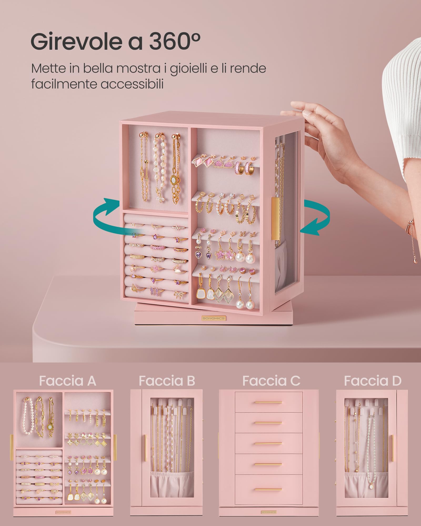 SONGMICS Scatola Portagioie Girevole a 360°, Porta Gioielli con 5 Cassetti, Finestre in Vetro Laterali, Capiente, Conservazione in Verticale, Design Aperto, Idea Regalo, Rosa Pastello JBC170R01