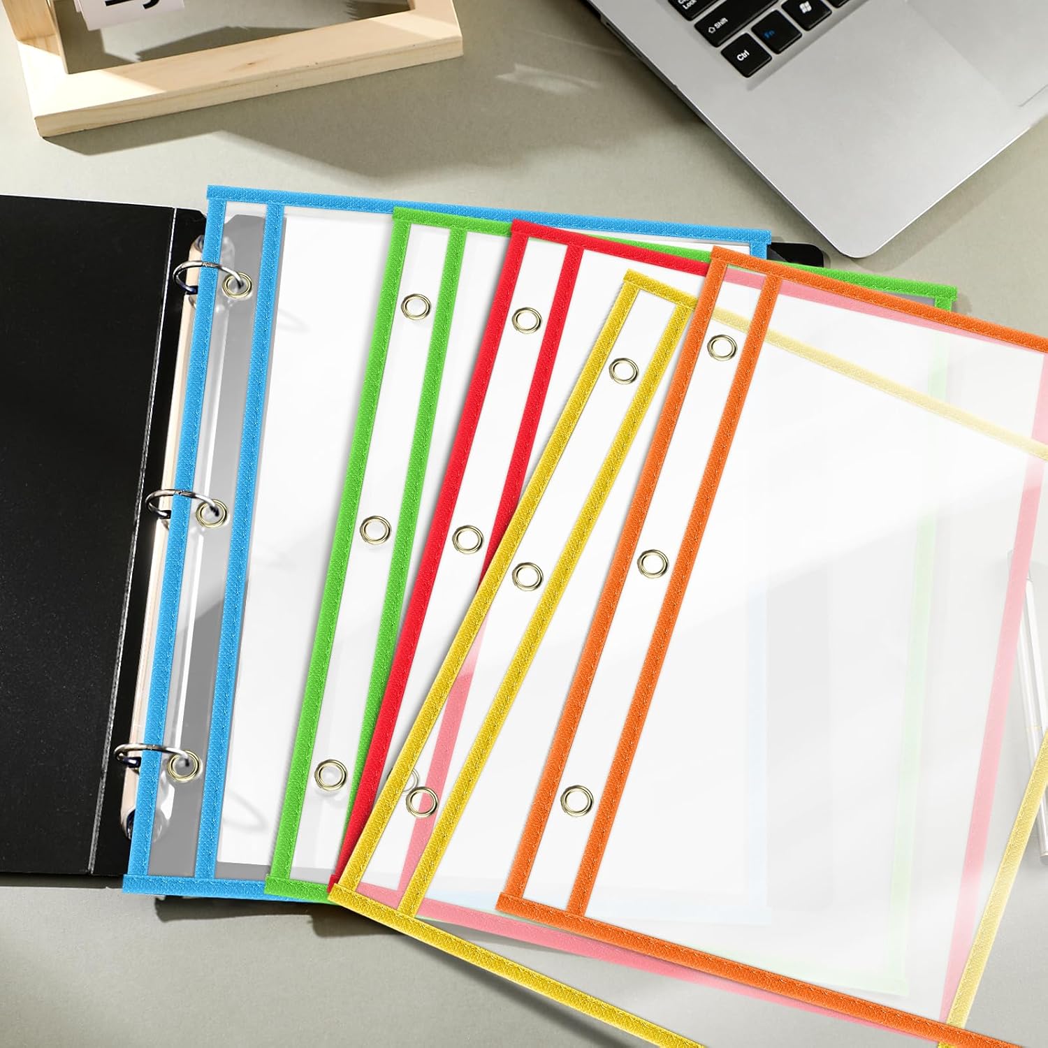 Resurhang 20 Pcs Dry Erase Sleeve Job Ticket Holders 9.9 x 12.5in Reusable Fit for 8.5 x 11 Inch Tickets 3 Rings Plastic Sleeves Landscape Shop Holders for Classroom Office Document(Colorful)