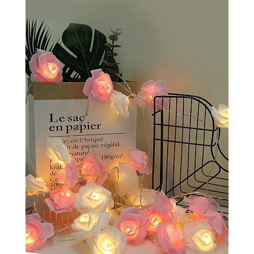 Valentines Day Pink White Rose Flower String Lights, 14.7 ft Flower Fairy Lights 30 LEDs Rose Garland Lights for Valentines Day Galentines Day Decorations Birthday Party Wedding Christmas Decor