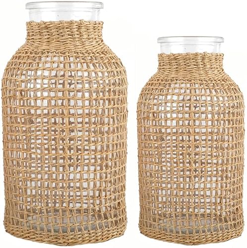 Doitool Glass Flower Vase With Rattan Cover, Round Decorative Flower Vase Woven Seagrass Vase Farmhouse Vase Floral Container For Floral Arrangement Table Centerpiece Decor(Size S+L) #TOP12