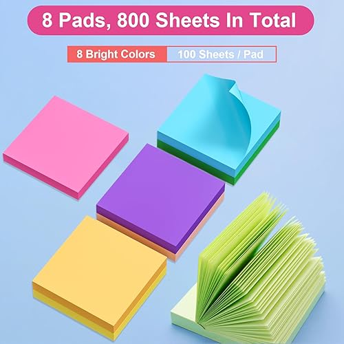 Miniatura 2 de Notas adhesivas de 3 x 3 pulgadas, 8 blocs, 800 hojas, bloc de notas adhesivas de 8 colores brillantes, almohadillas autoadhesivas a granel,