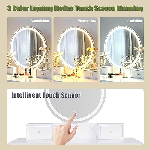 Miniatura 10 de Juego de tocador de maquillaje con espejo iluminado, escritorio blanco con cajones y taburete acolchado, mesa de maquillaje con espejo de luces