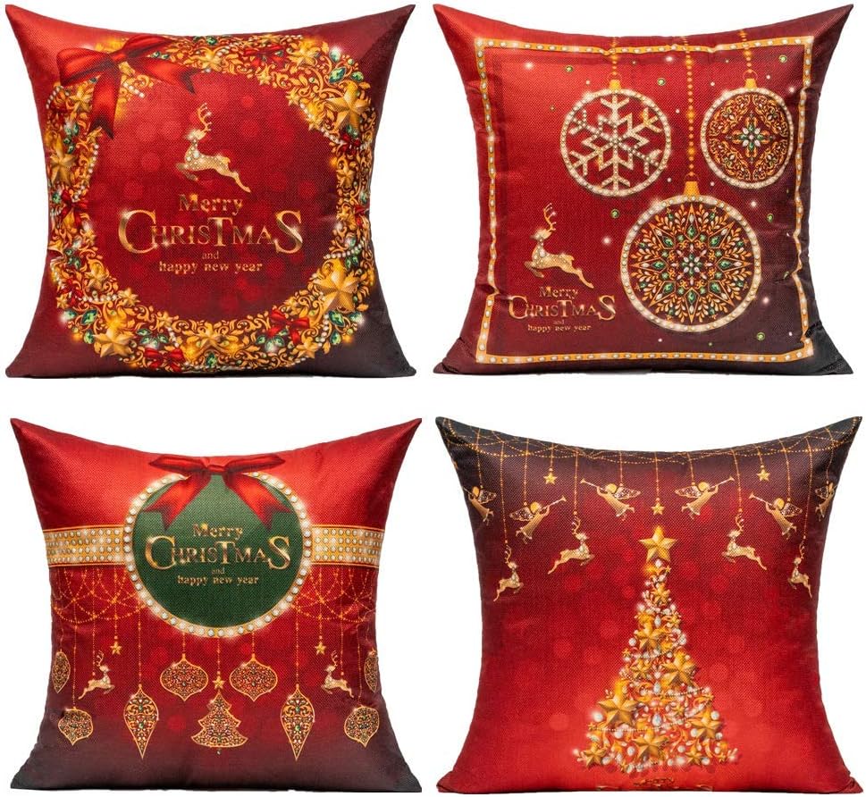 20x20 Inch Set of 4 Merry Christmas Decorative Throw Pillow Covers Red Golden Xmas Tree Winter Deer Reindeer Snow Snowflake Outdoor Home Decor Cushion Cases for Couch Patio Bed, Holiday Decorations